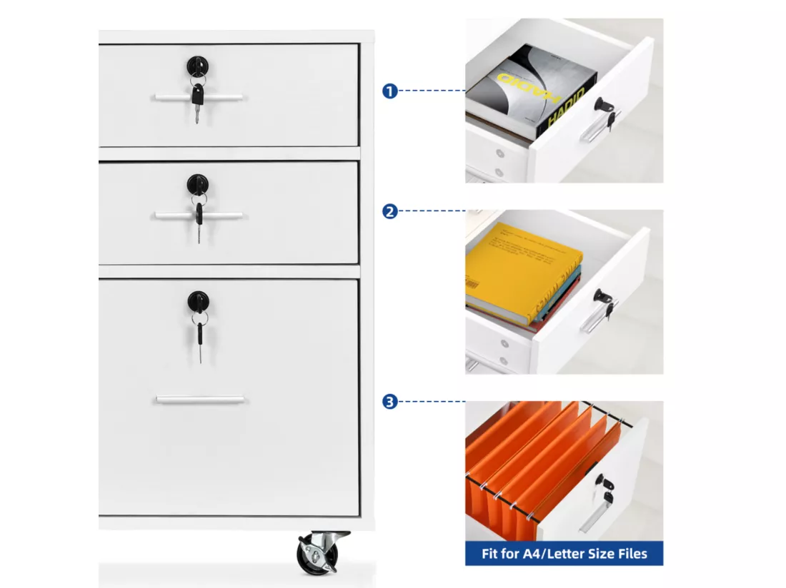 YITAHOME Meuble de Bureau à Roulettes en Bois, Armoire Verrouillable avec 3 Tiroirs et 2 Compartiments Ouverts, Blanc