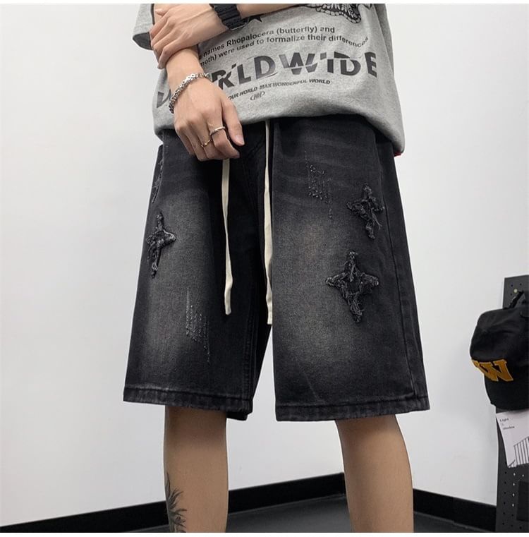 Hushgrain - Gewassen denim shorts met trekkoord en sterrenapplicatie