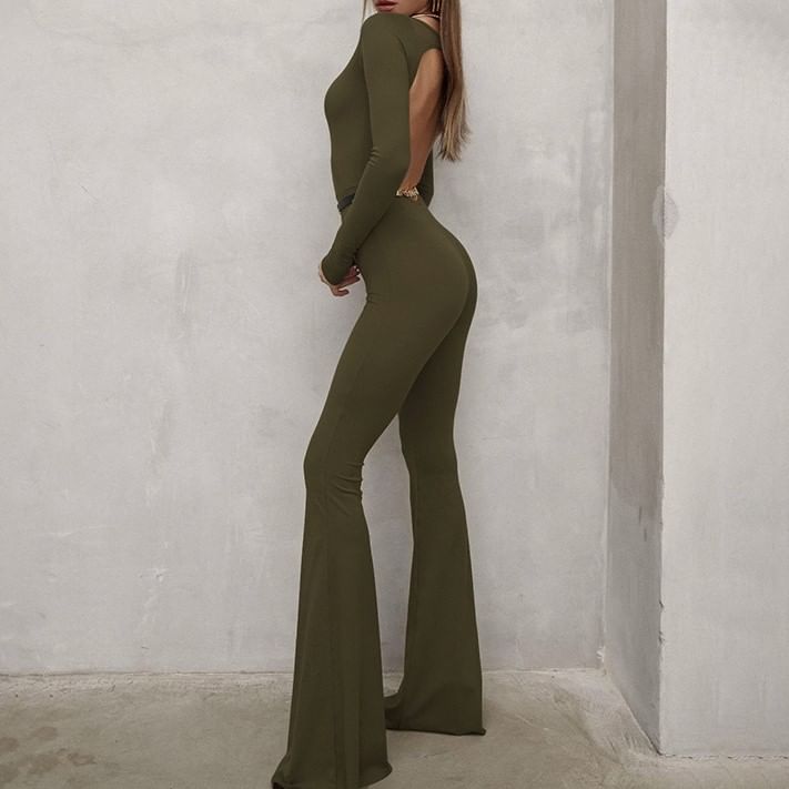 HERMITAKH - Jumpsuit met lange mouwen, boothals, open rug en uitlopende pijpen