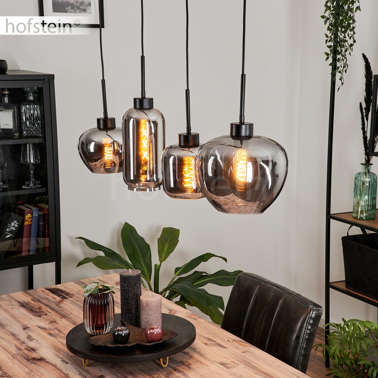 Hängeleuchte Talok, Hängelampe aus Metall/Glas in Schwarz/Rauchfarben, Leuchte im Vintage/Retro Design mit Schirmen aus Glas, 4-flammig, Höhe max. 120 cm, 4 x E27, ohne Leuchtmittel