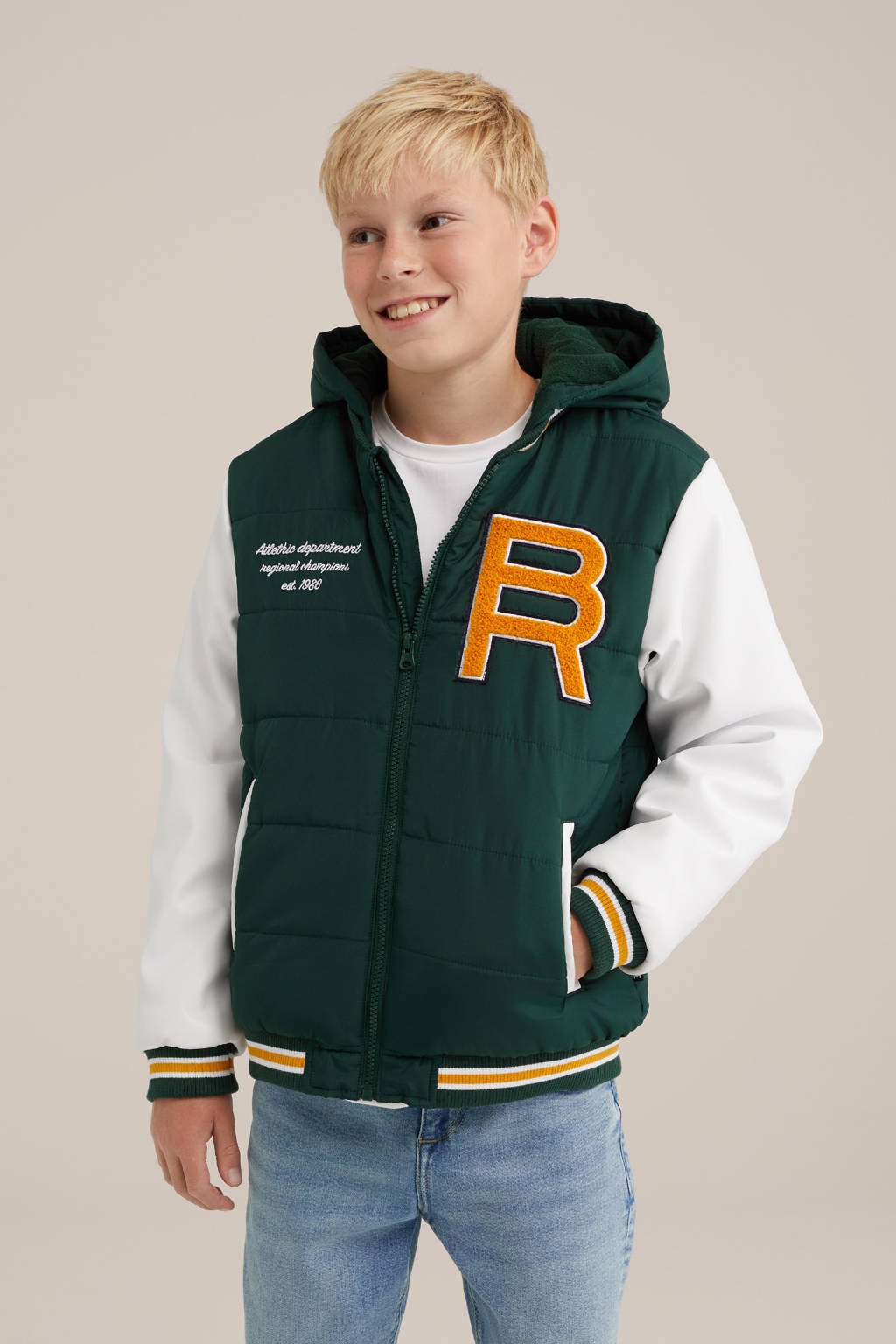 WE Fashion baseball jacket donkergroen/wit/geel