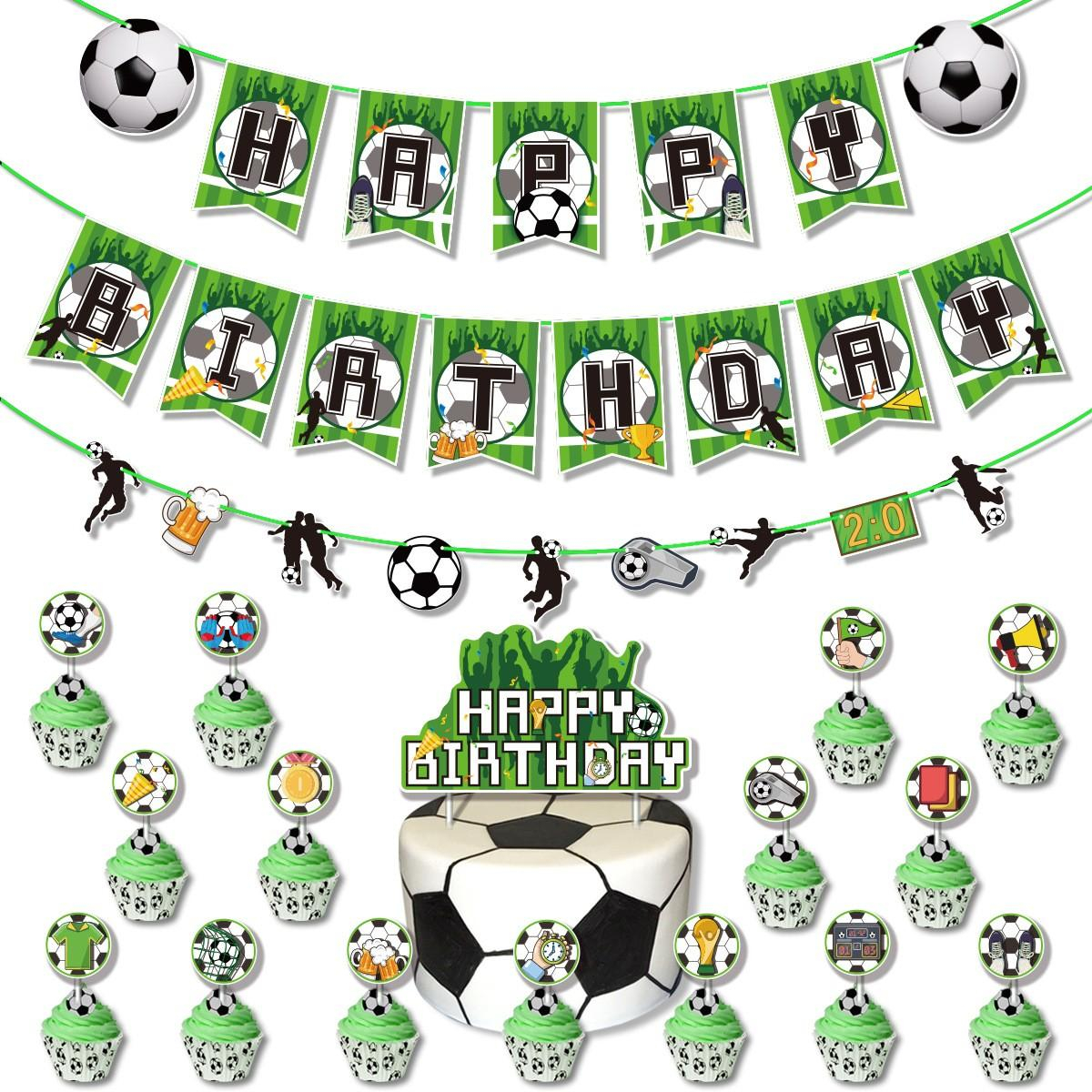 (103-tlg. Set) Happy Birthday Girlande Fussball Party Dekoration   Latex- und Folienballons / Kuchenstecker - Grün / Weiss