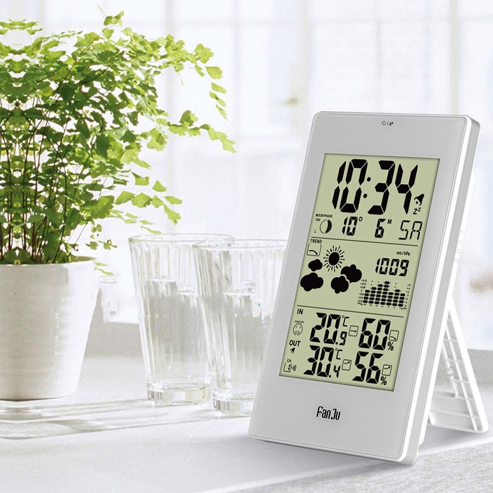 (2-tlg. Set) Wireless Wetterstation Digital Thermometer mit Hintergrundbeleuchtung und Hygrometer / Aussensensor (Batteriebetrieben) - Weiss