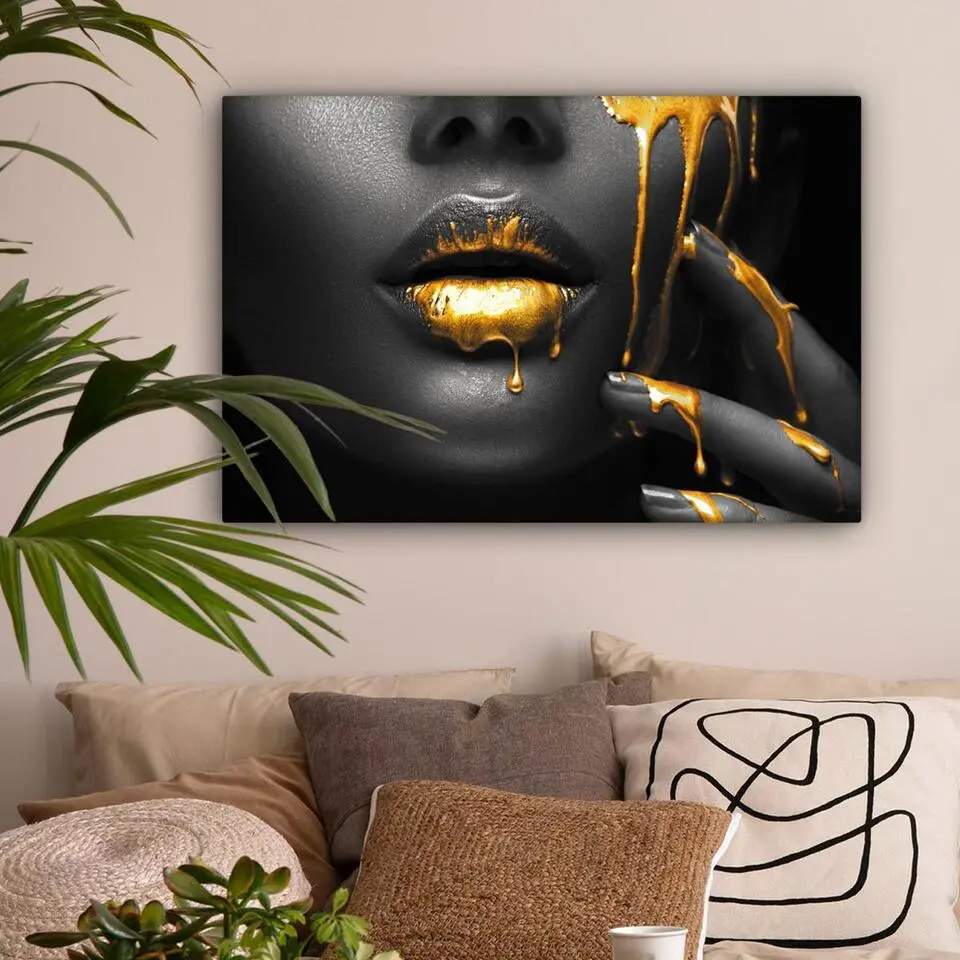 MuchoWow Canvas Schilderij 90x60cm Vrouw Zwart Goud Gezicht