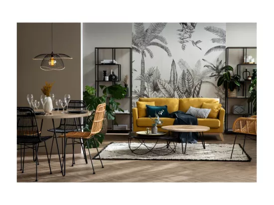 Canapé scandinave déhoussable 3 places en tissu effet velours jaune moutarde et bois clair OSLO