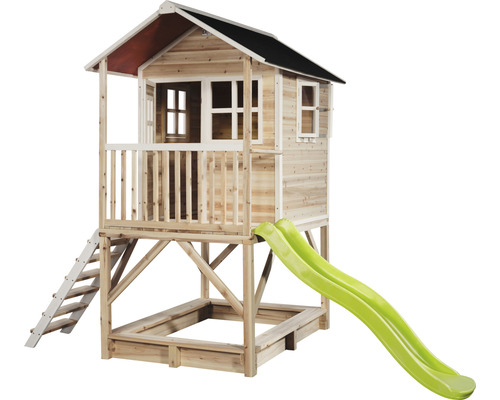EXIT Loft 500 paalwoning, 328 x 185 x 255 cm, natuurlijk hout, met zandbak en glijbaan