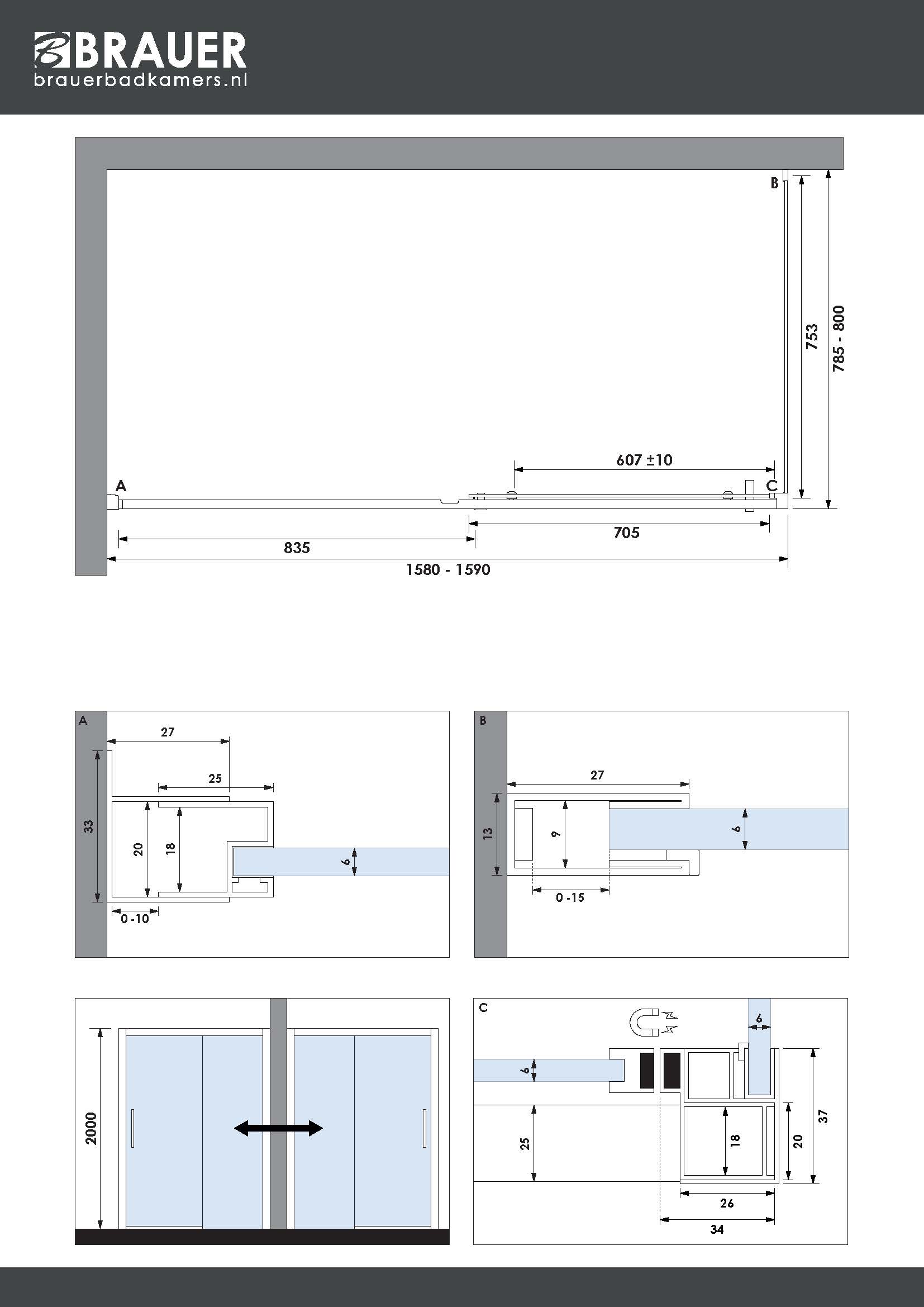 Brauer Season douchecabine met schuifdeur 160x80cm messing