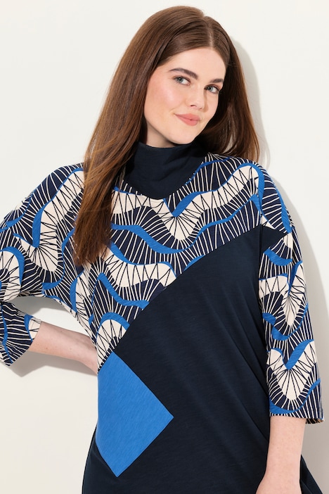 Longshirt, Oversized, Stehkragen, 3/4-Arm, Biobaumwolle