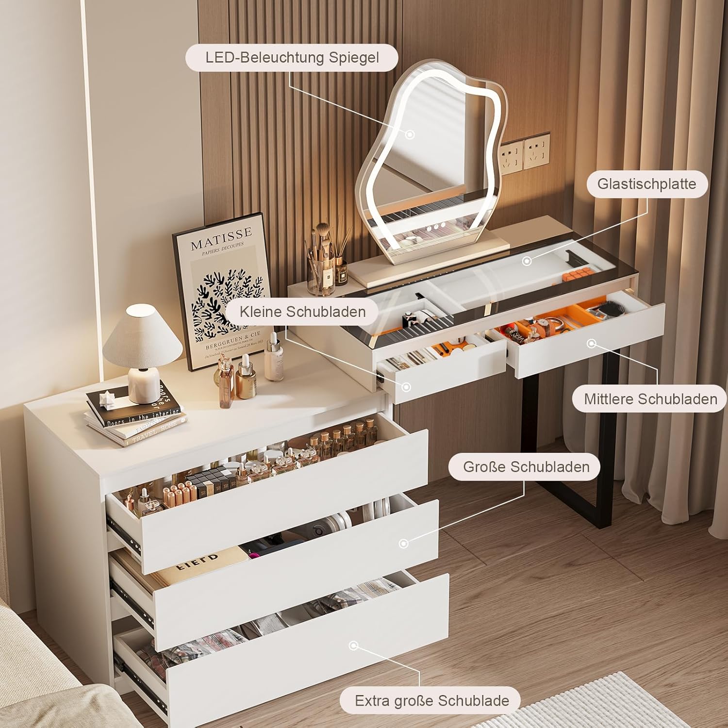 Schminktisch mit Verstellbaren LED-Beleuchtung, Dressing Table mit Spiegel, Vanity Desk mit 5 Schubladen, Ecke Vanity, L-Form ändern, Eckschminktisch mit Glasplatte, Weiß