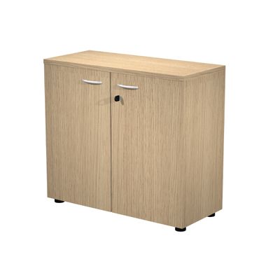 Bibliothèque basse Trend - L80xP35xH72 cm - 2 portes en mélaminé avec serrure - imitation chêne