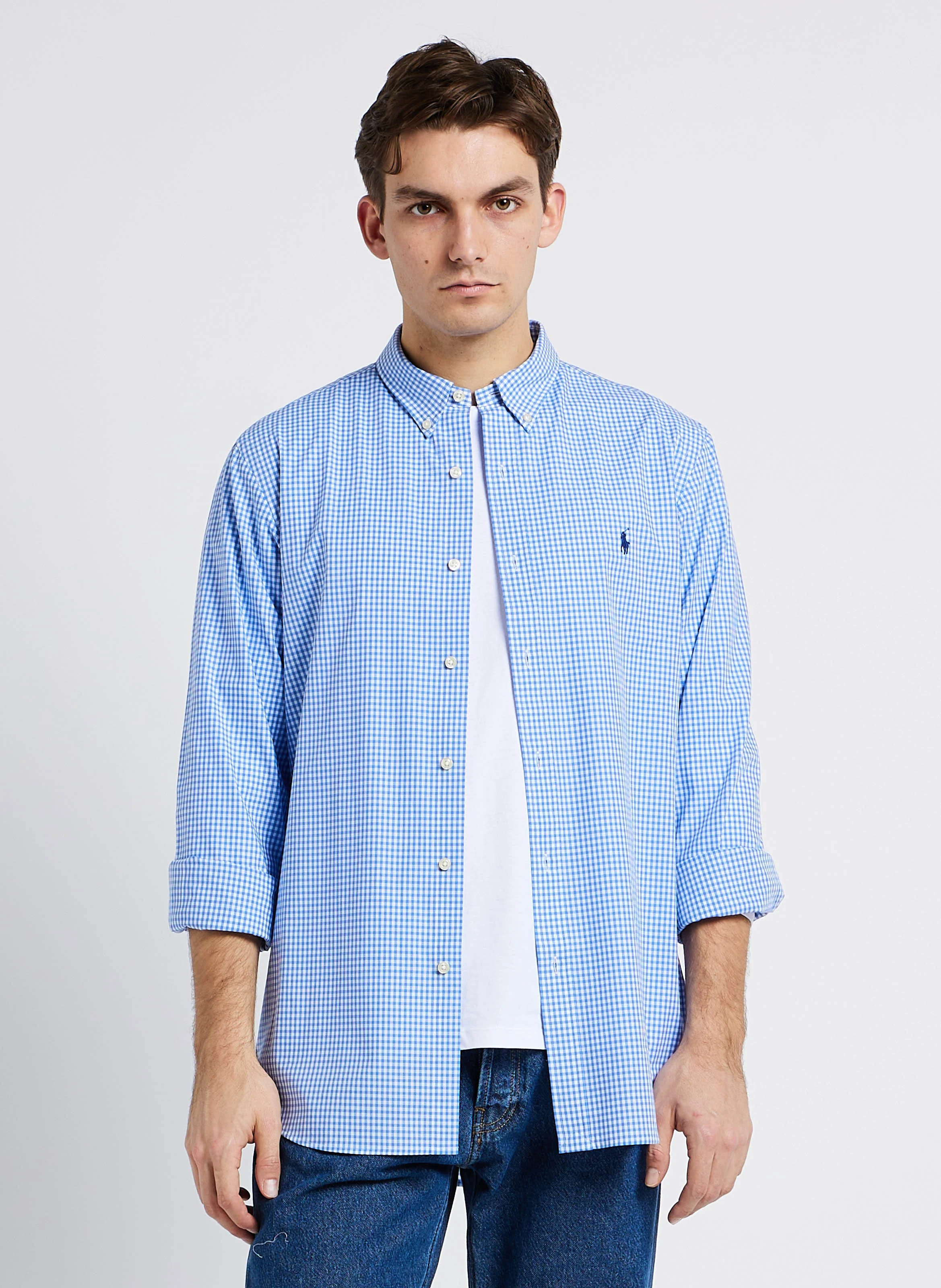 Chemise col américain en coton mélangé | Bleu