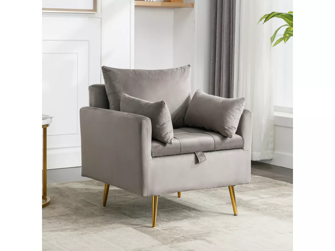 Fauteuil, pouf avec rangement - 71 x 71 x 76 cm - Tissu en velours - Pieds en métal doré - Gris