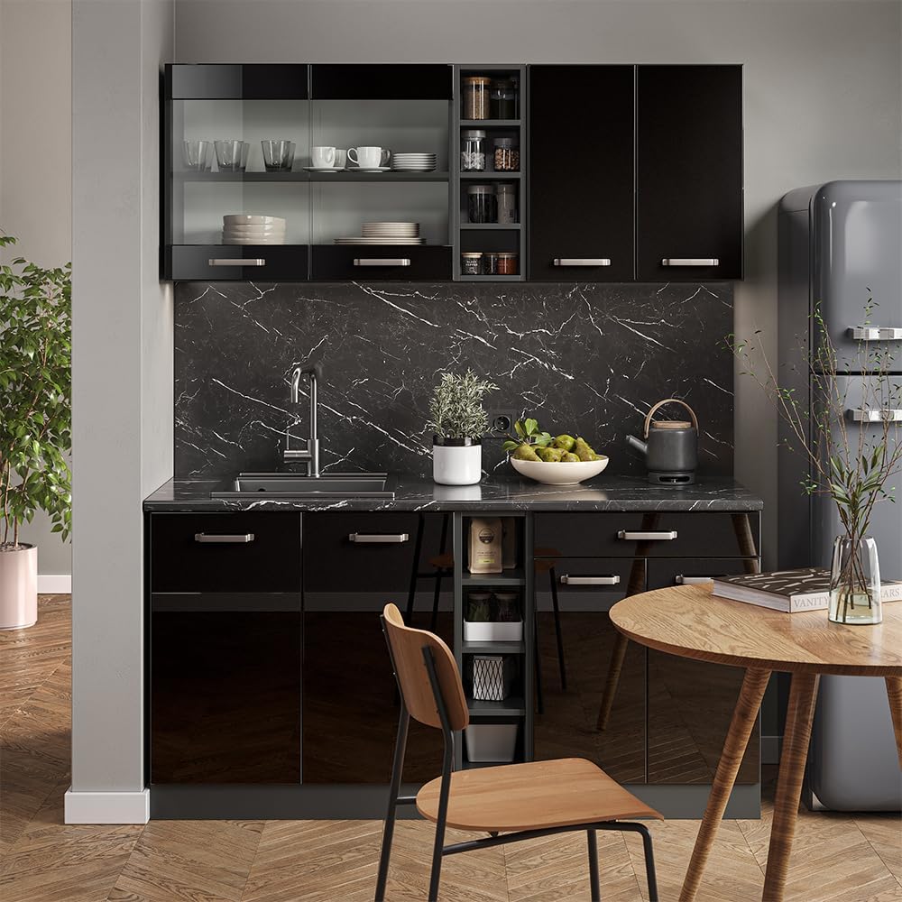 Vicco Singleküche R-Line, Schwarz Hochglanz/Anthrazit, 160 cm ohne Arbeitsplatte