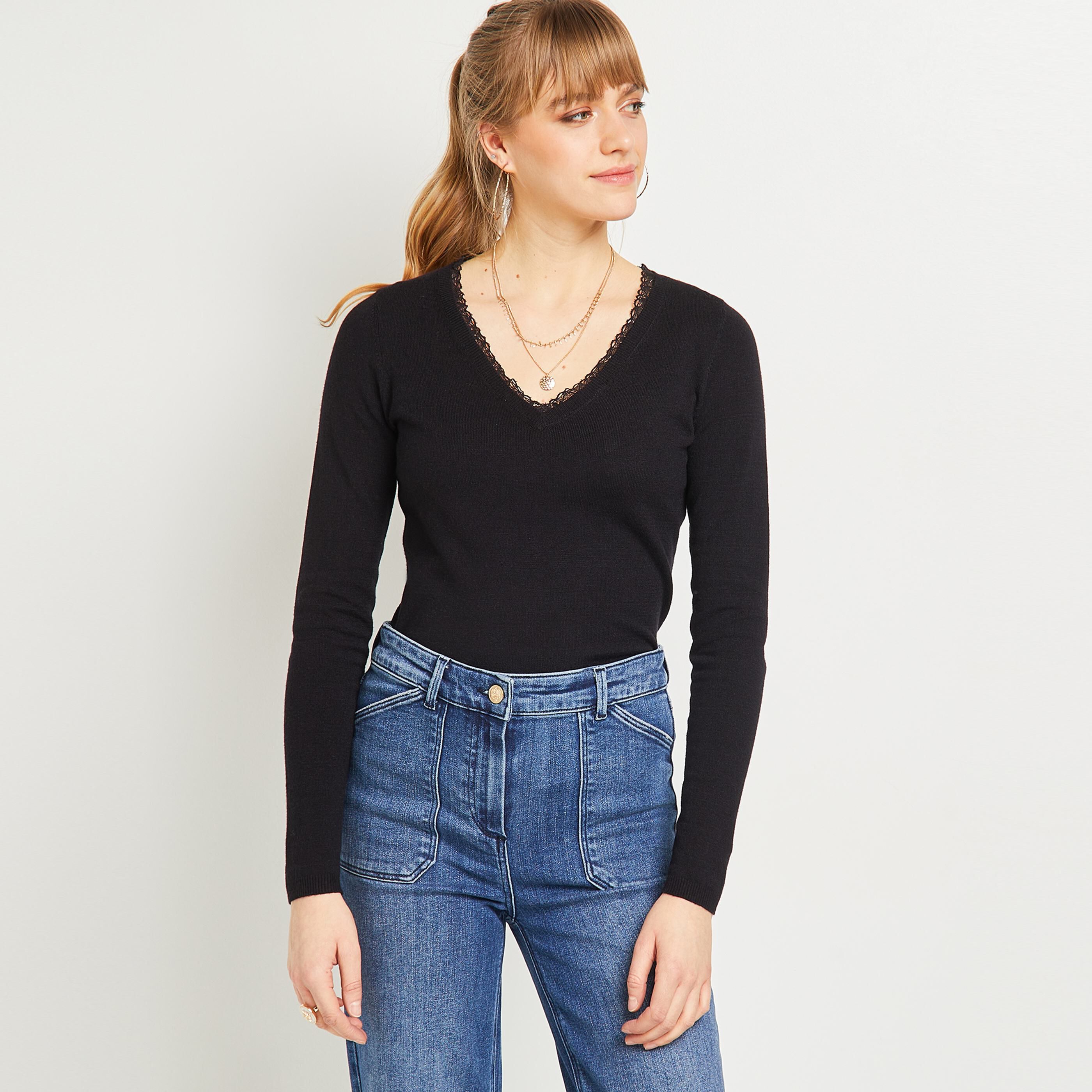 Pull col V noir femme - NOIR