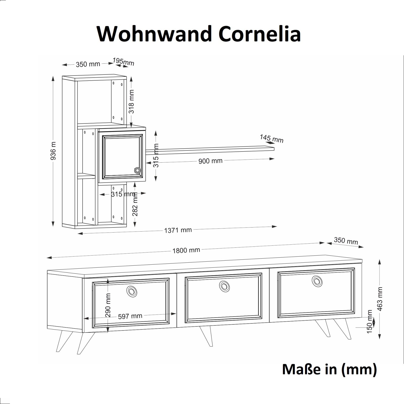 2-teilige Wohnwand - weiß - 180 cm
