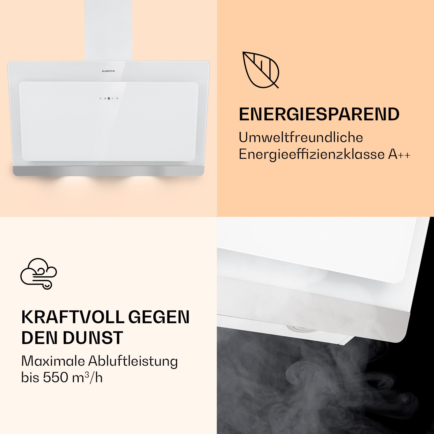 Aurora 90 Smart Dunstabzugshaube 550 m³/h 90cm kopffrei Ambiente-Licht EEC A++ Weiß