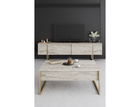 CONCEPT1 - Table basse Luxe travertin or 90 x 60 x h40cm