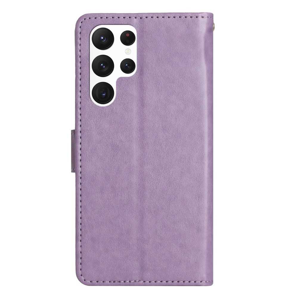 Samsung Galaxy S23 Ultra 5G Leder Tasche mit Kartenfach   Handschlaufe Butterfly Flowers - Lila