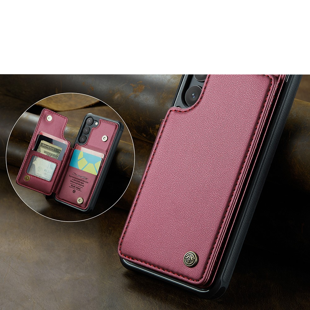 Samsung Galaxy S23 5G Leder Hülle mit Kartenfächern im Litchi Look   Kickstand (RFID Schutz) - Rot