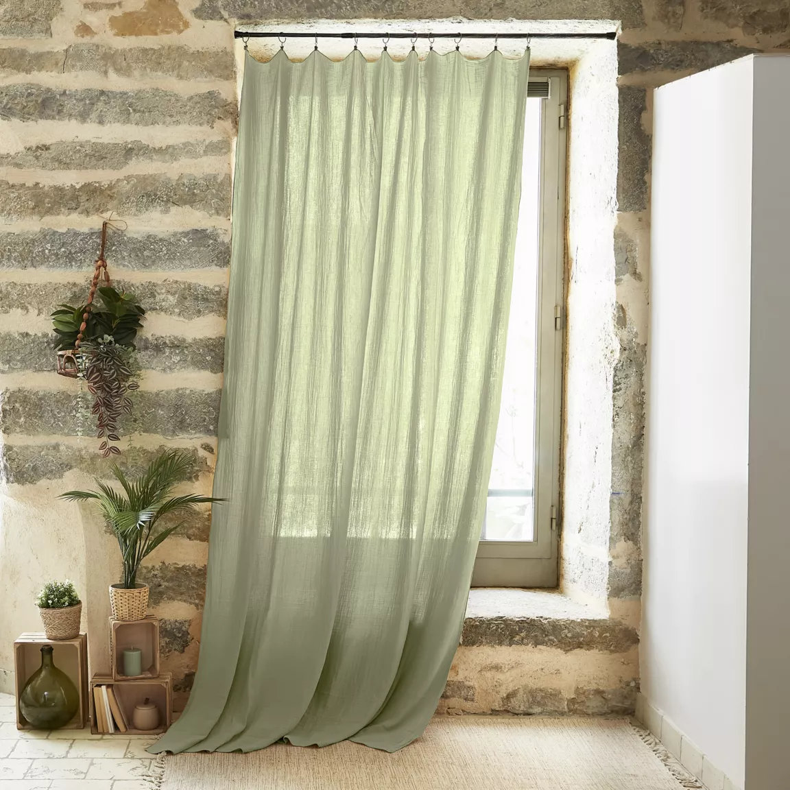 Rideau gaze de coton ajustable (180 x max 300 cm) Gaïa Vert tilleul