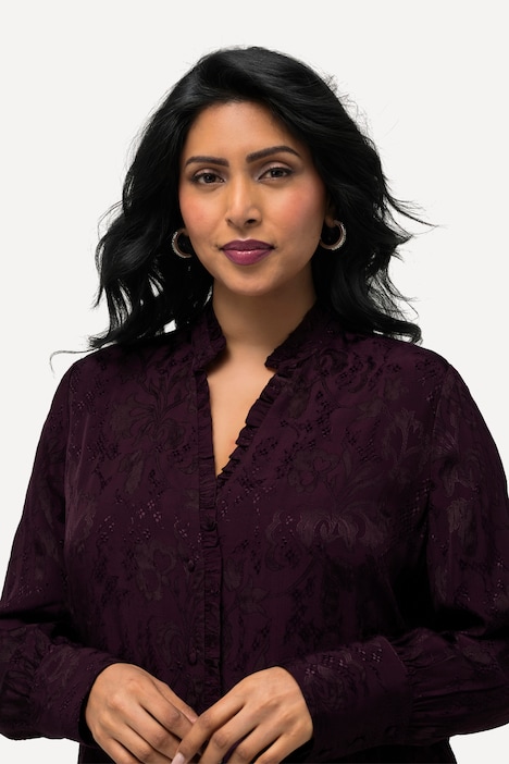Bluse, Jacquard, Rüschen, V-Ausschnitt, Langarm