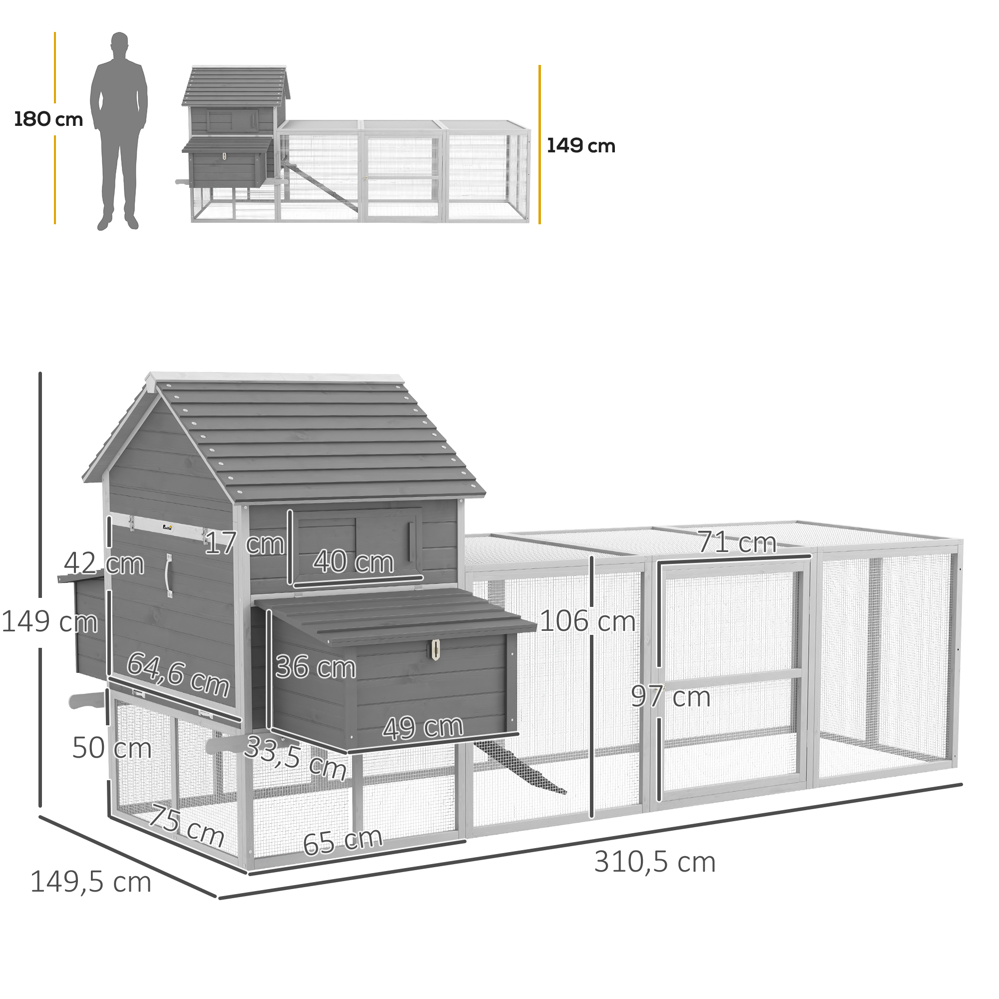 Galinheiro grande de madeira PawHut, 310,5 x 149,5 x 149 cm, para 4 a 6 galinhas, com 2 janelas, portas, ninho, bandeja removível e rampa para uso externo, cinza.