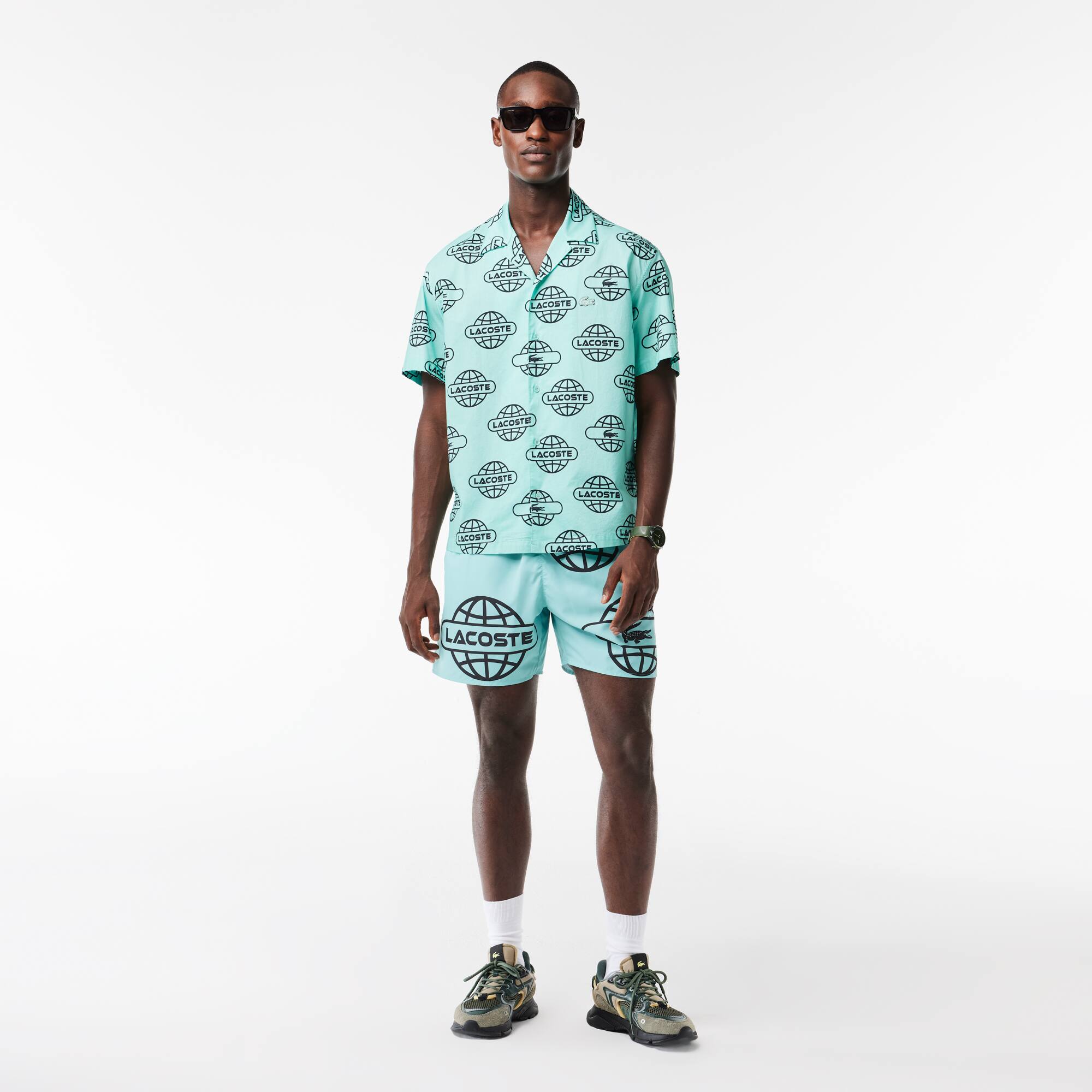 Chemise en twill de coton imprimé mappemonde Lacoste Manches Courtes - Vert - Lacoste - Homme