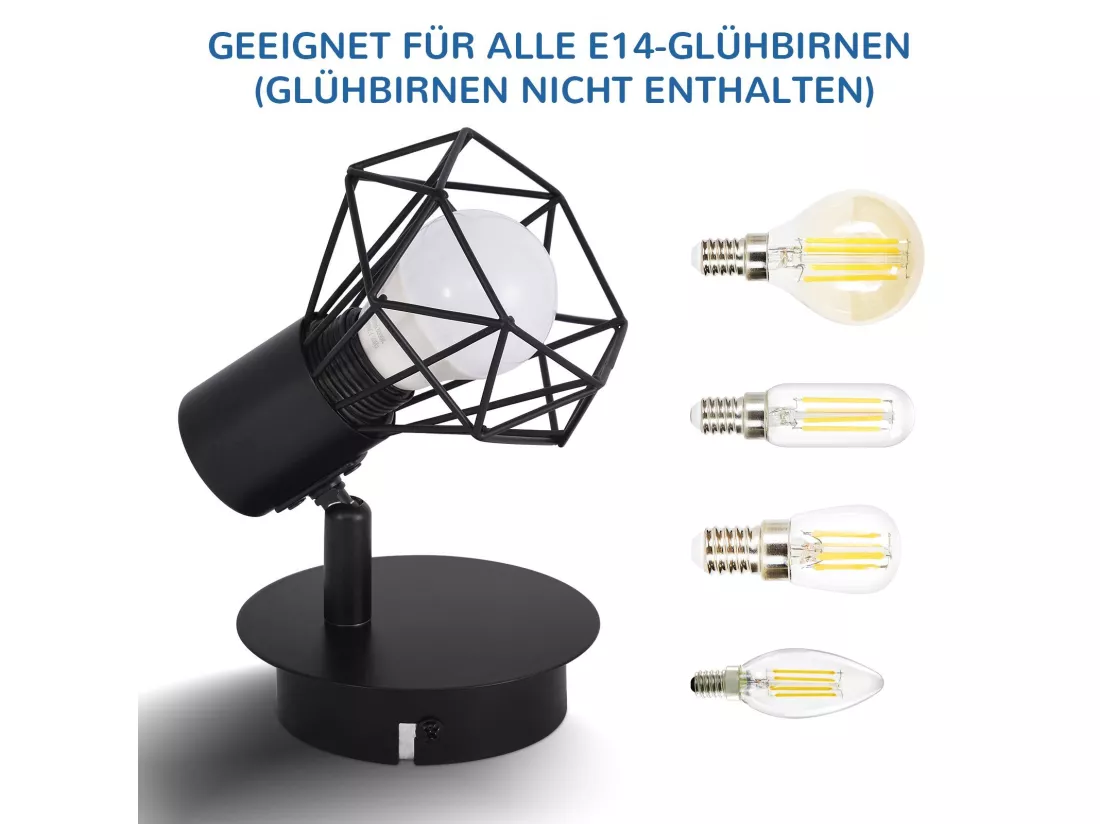 NETTLIFE Spots muraux noirs Spots muraux rétro - Applique E14 Réglable Vintage Lampe murale 1 flamme 350°40W