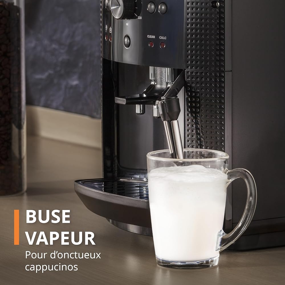 Krups Machine à café grain, 1,7 L, 2 tasses en simultané, Nettoyage automatique, Buse vapeur pour Cappuccino, Cafetière espresso, Essential noire YY8125FD, Noir : Cuisine et Maison