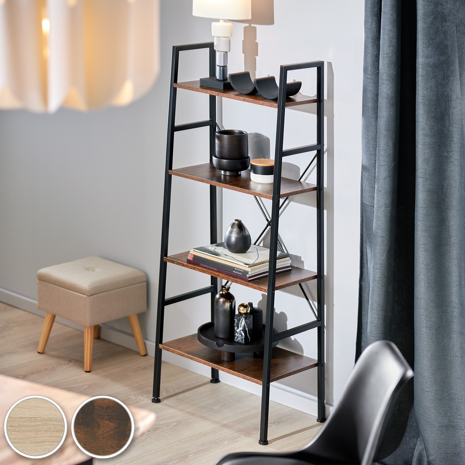 tectake® Leiterregal, Industrial Style, mit 4 Ebenen, inklusive Kippschutz, 57,5 x 35,5 x 139 cm