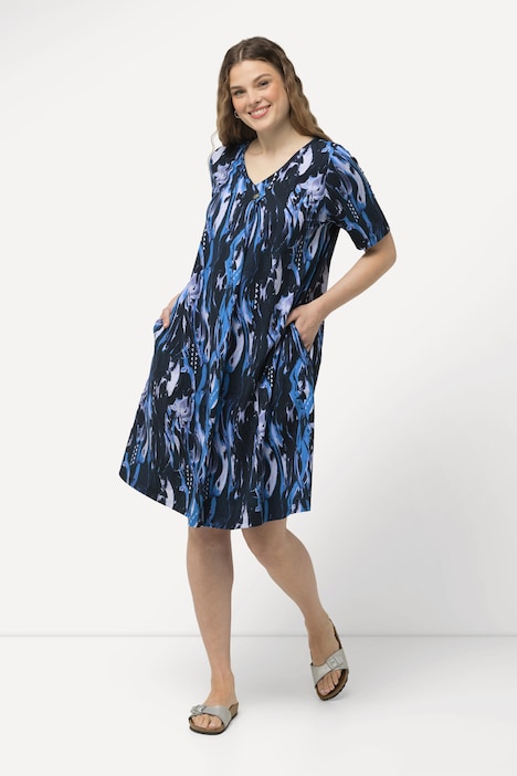 Jersey-Midikleid, A-Linie, V-Ausschnitt, Halbarm