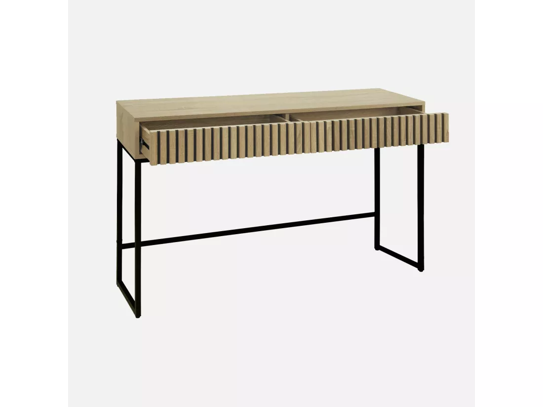 Console contemporaine avec 2 tiroirs en décor bois rainuré. structure et piètement en métal noir