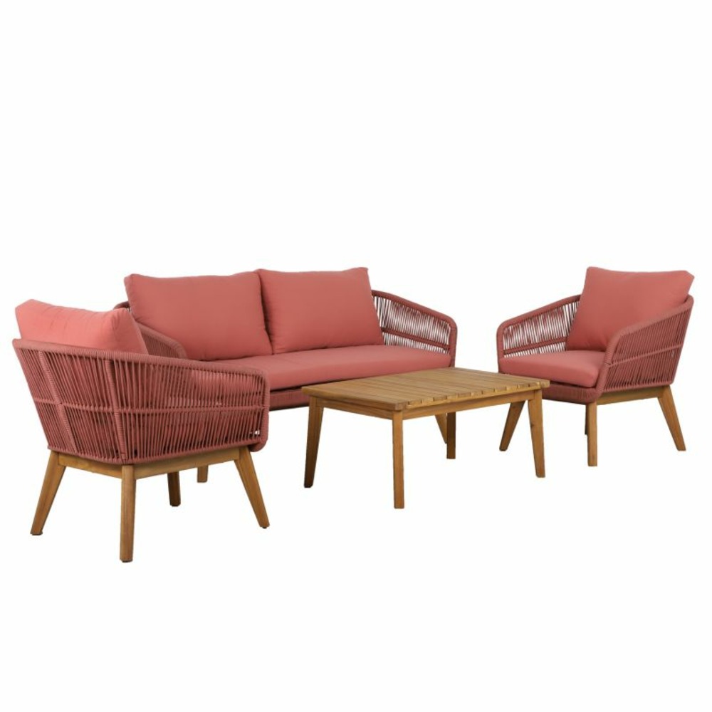 Salon de jardin mala en bois d'acacia 5 places corde coussins terracotta