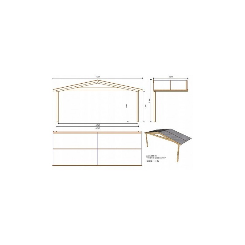 Abri de jardin en bois - 5x3 m - 35 m2 + terrasse avec balustrade et avant-toit en bois