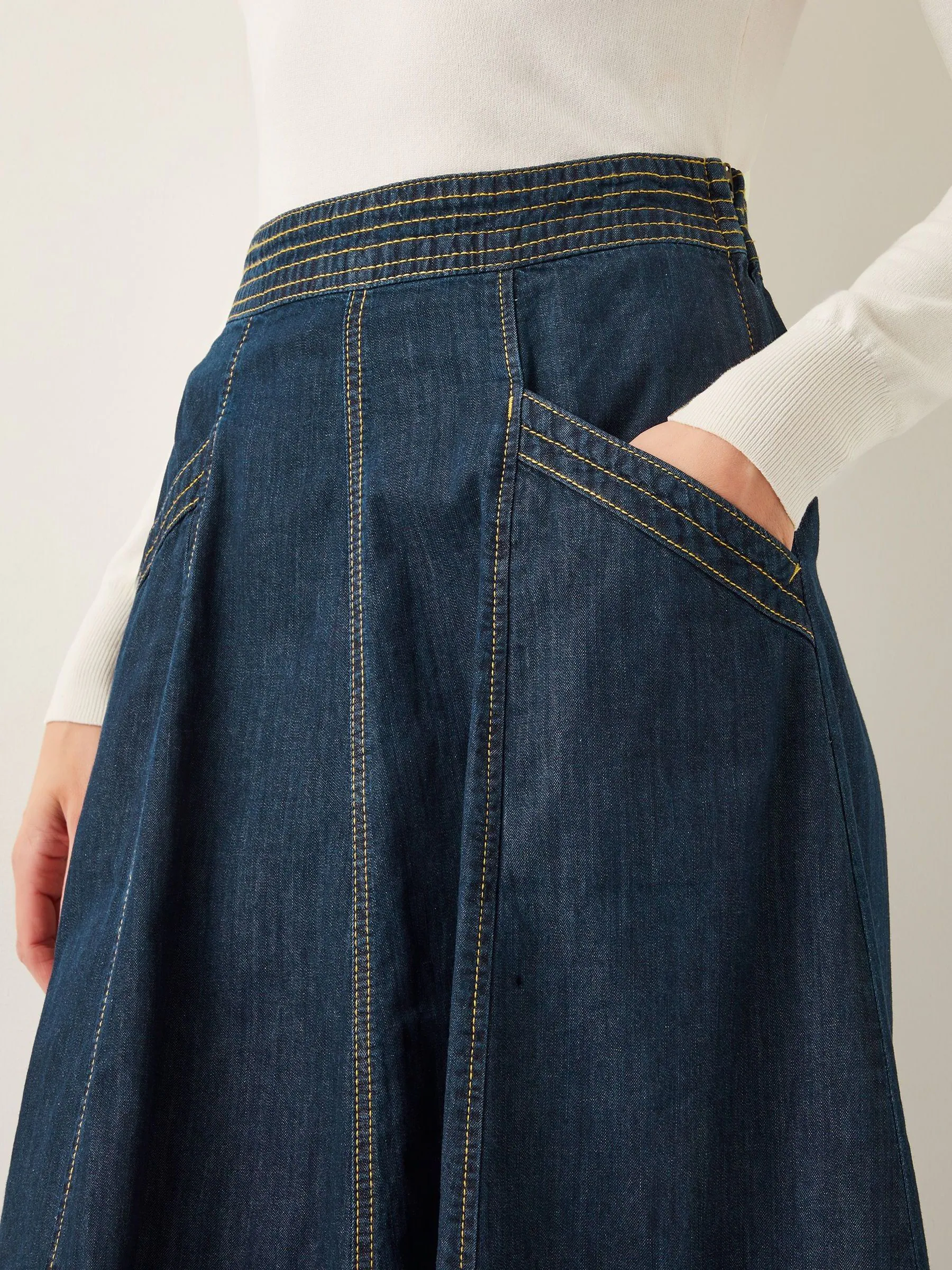 Blauw wit - Monsoon Harper Seamed Denim 100% Cotton Midi Skirt