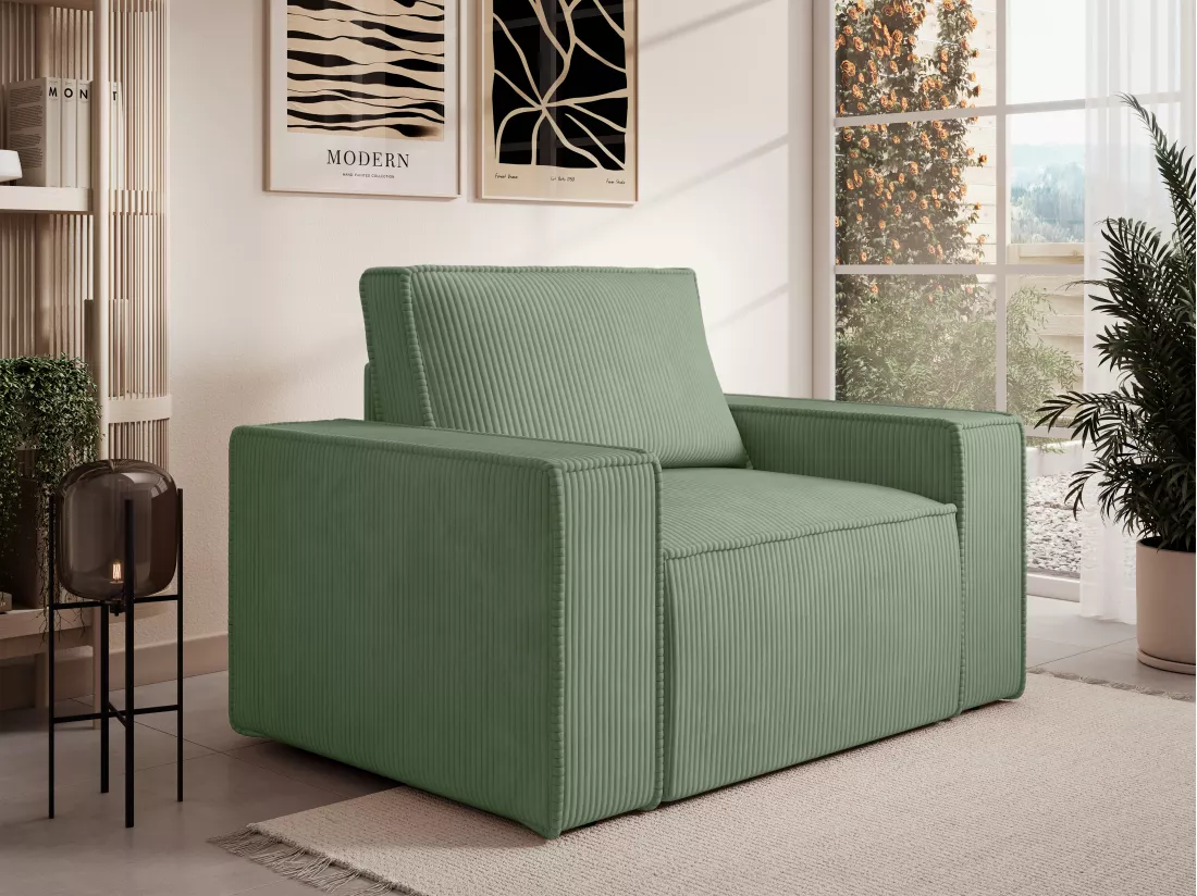 Fauteuil en velours côtelé vert amande AMELIA