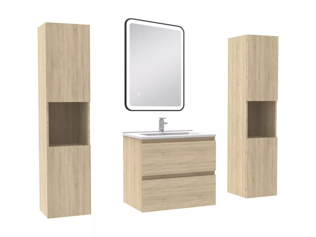 Meubles Salle de Bain 60cm avec colonne + miroir lumineux 3 couleurs + dimmable Chêne Wotan