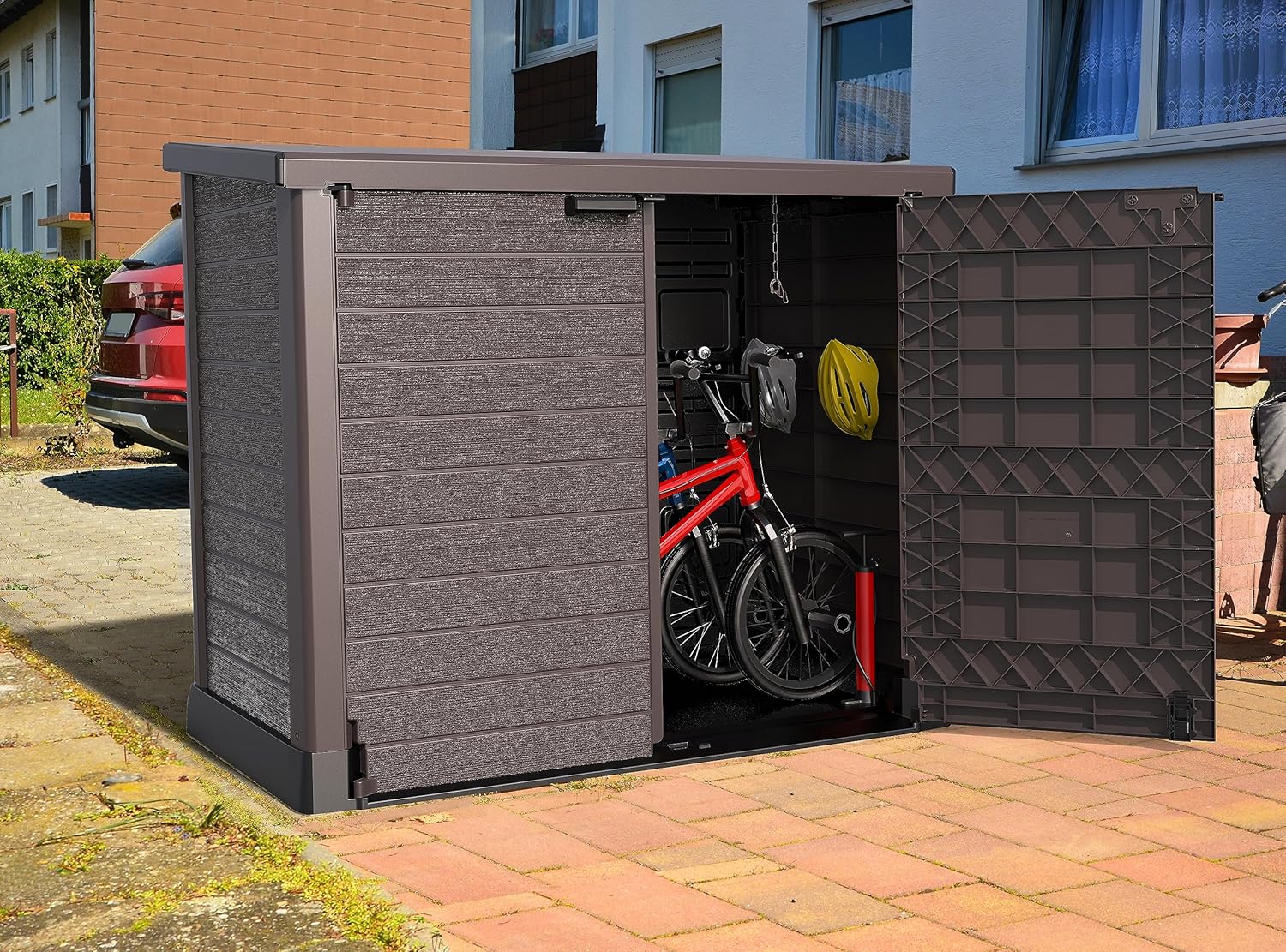 Duramax Cedargrain StoreAway 1200L Gartenhaus aus Kunststoff / flacher Deckel, Mülltonnenbox, Gartenhaus, solide Konstruktion, ideal für Werkzeuge, BBQs und 2x 240L Mülltonnen, 145x85x125 cm, Braun