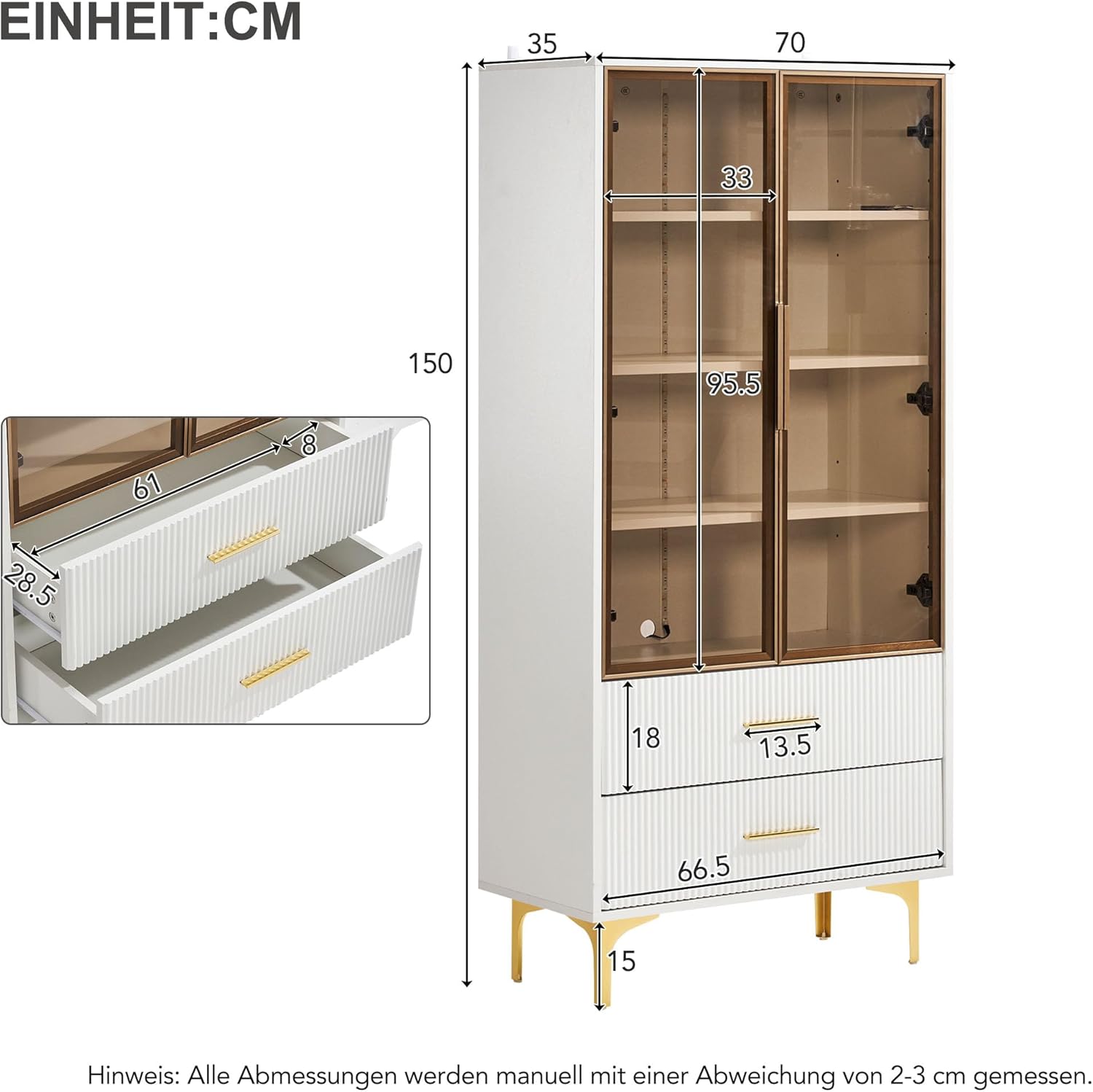 Elegante Glasvitrine mit Zwei Türen - 70 * 35 * 150cm - Glastüren, goldene Beine, bewegliche Einlegeböden, Vitrine mit LED-Licht, Schrank, Glasvitrine, Hochschrank, Standvitrine