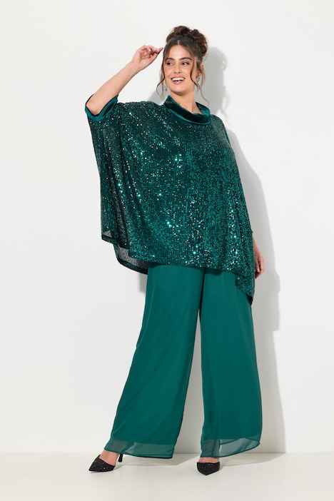 Pailletten-Shirt, Oversized, Samt-Rollkragen, Halbarm