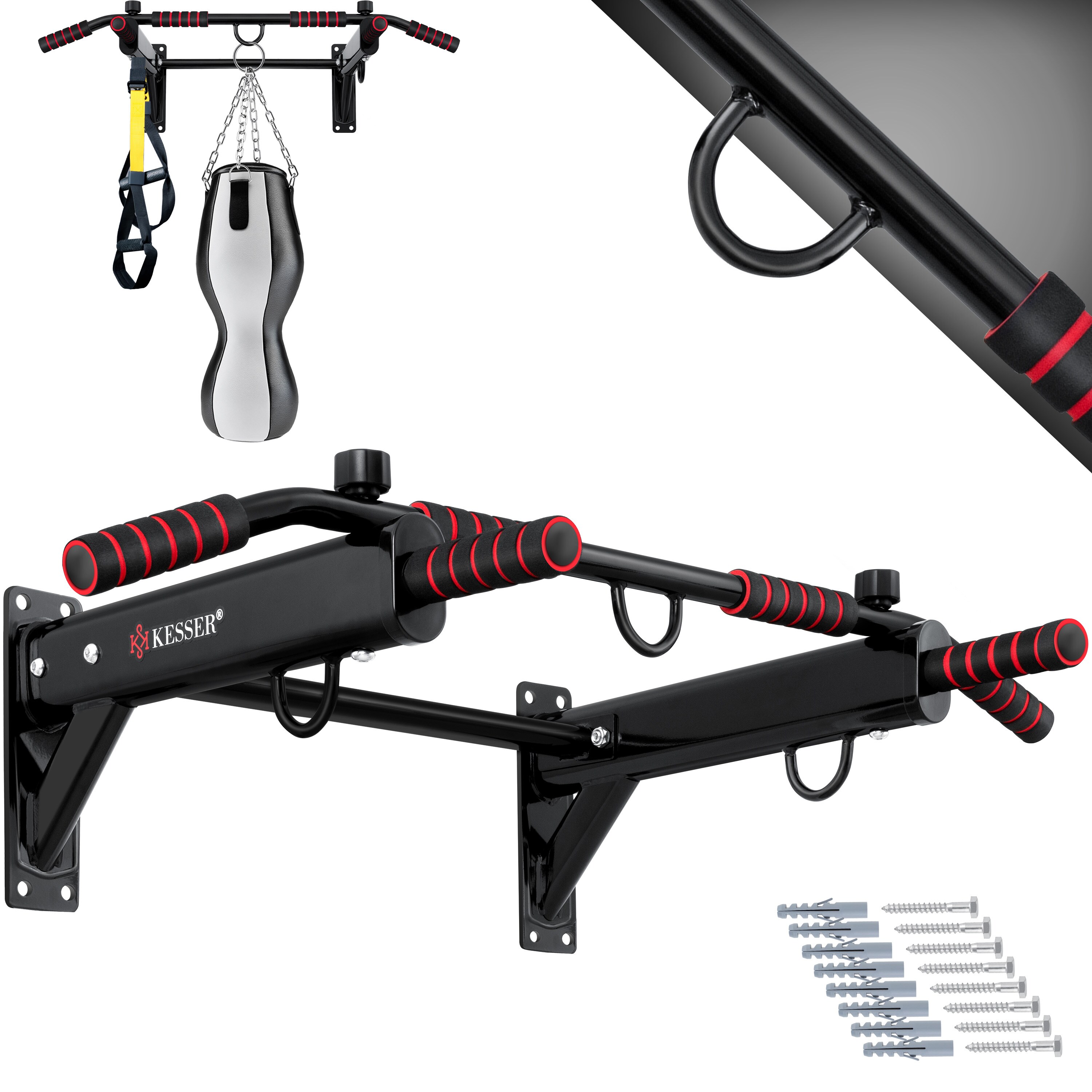 KESSER® 4in1 Klimmzugstange zur Wandmontage rutschfesten Griffen zusätzliche Funktion für Seile Ringe und Boxsäcke mit verschiedenen Griffpositionen | sicher & stabil | Pull Up Bar für zuhause