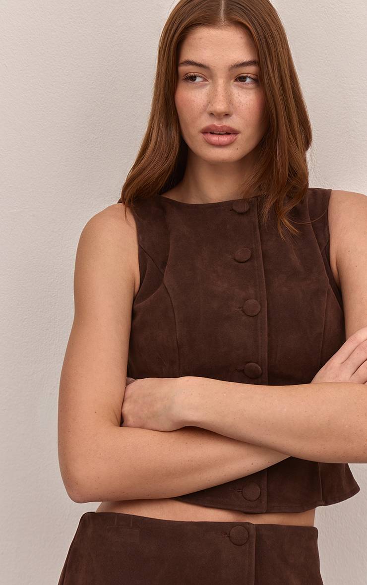 Marron Foncé Ensemble Coordonné Gilet Boutonné En Synthétique