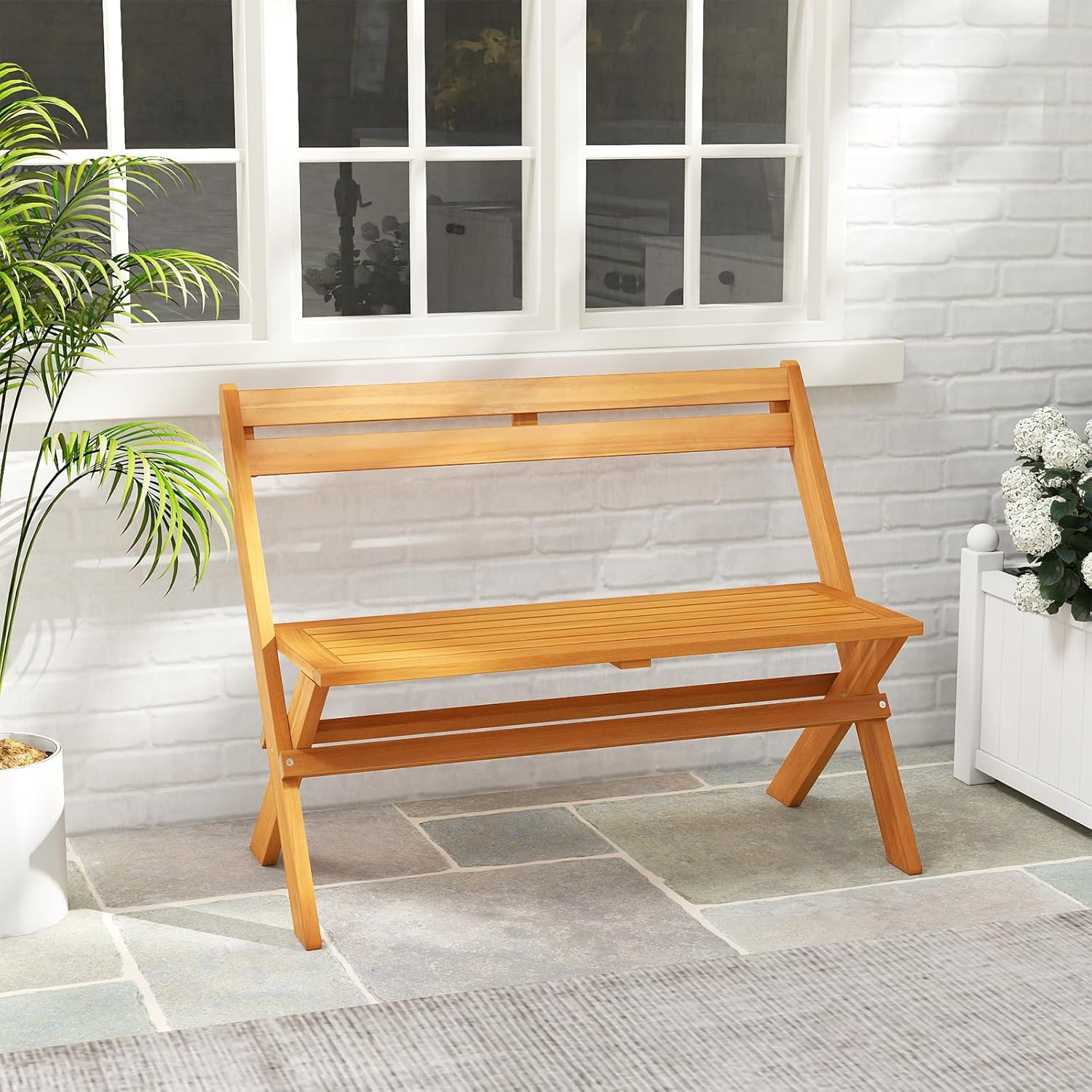 COSTWAY Gartenbank Holz, Holzbank wetterfest, klappbare Sitzbank aus Akazienholz, 2-Sitzer Balkonbank, Terrassenbank bis 360 kg belastbar, Parkbank für Garten, Balkon, Terrasse