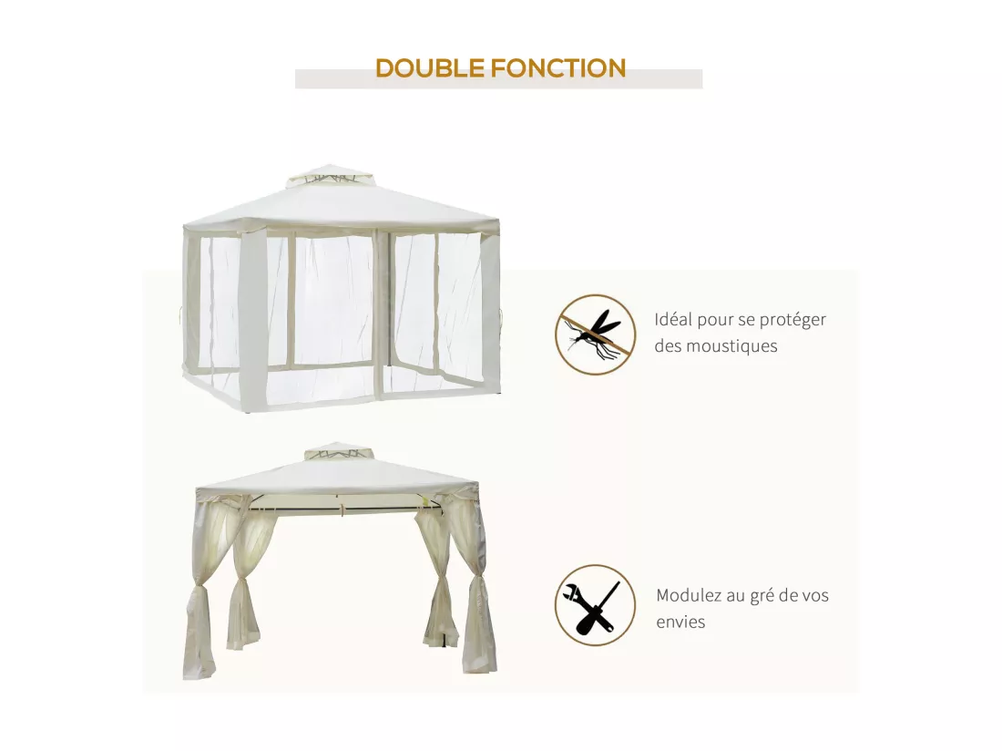Pavillon de jardin tonnelle barnum style colonial double toit toiles moustiquaires amovibles zippées crème