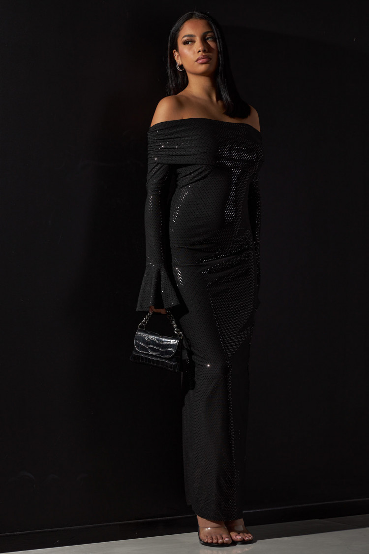 Robe longue noire à col bardot à sequins