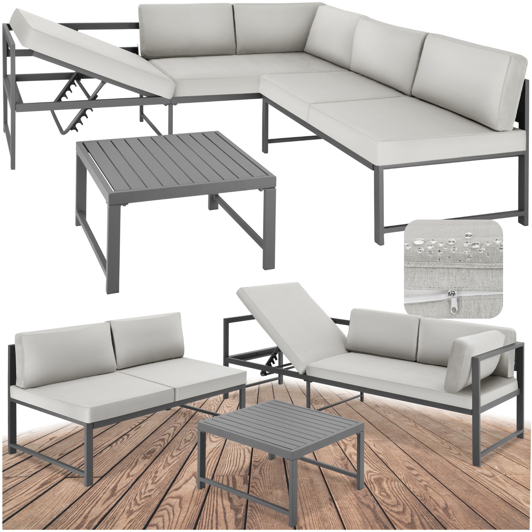 tectake® Sitzgruppe, aus Aluminium, 6-fach verstellbare Rückenlehne, bodenschonende Kunststofffüße