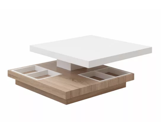 Table basse - Plateau pivotant - MDF laqué blanc et chêne - FAUSTO II