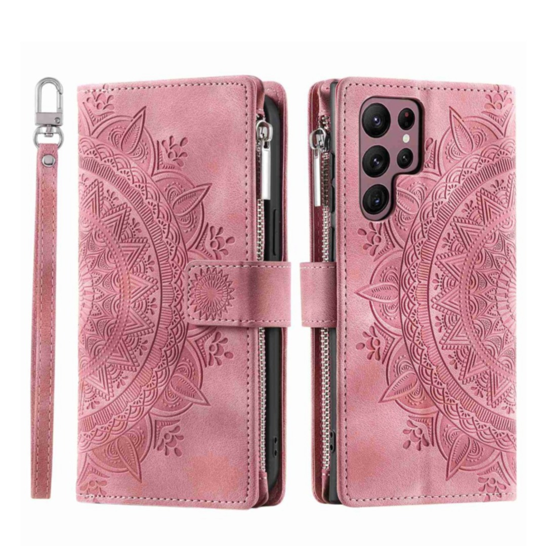 Samsung Galaxy S23 Ultra 5G Leder Tasche Flip Cover mit Reissverschluss - Mandala Flowers Imprint - Rosa