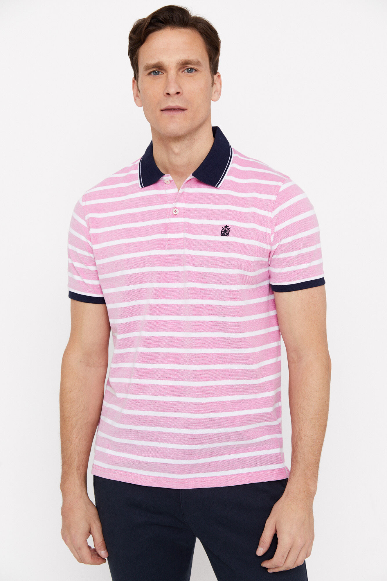 Camisa polo Oxford listrada com gola contrastante - Rosa