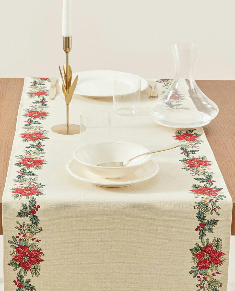 Caminho de mesa de algodão jacquard com estampa de poinsétia de Natal